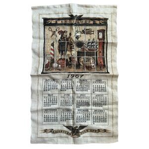 Vintage Calendar Tea Towel Linen 1967 Antiques American Folk Art Design hanging